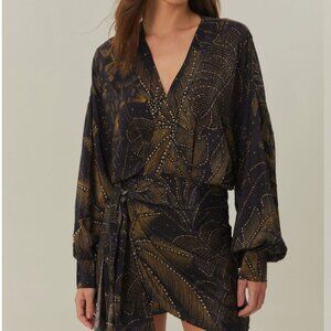 farm rio black golden foliage mini dress FARM Rio Golden Foliage Black Mini Puffy Sleeve Dress
